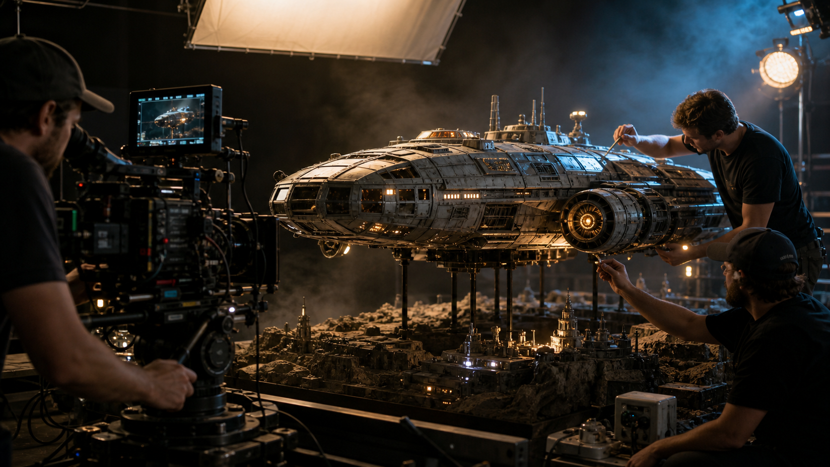 Equipe filmando uma nave espacial em miniatura com efeitos práticos