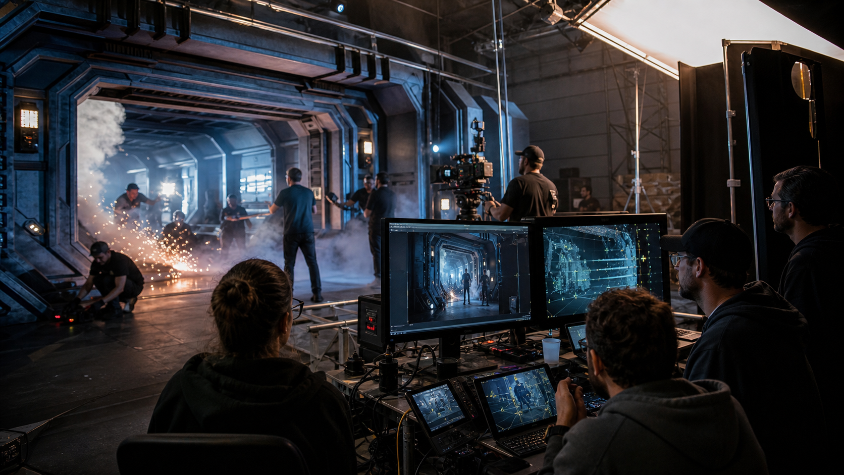 Equipe combinando cenário físico e efeitos digitais durante uma filmagem cinematográfica