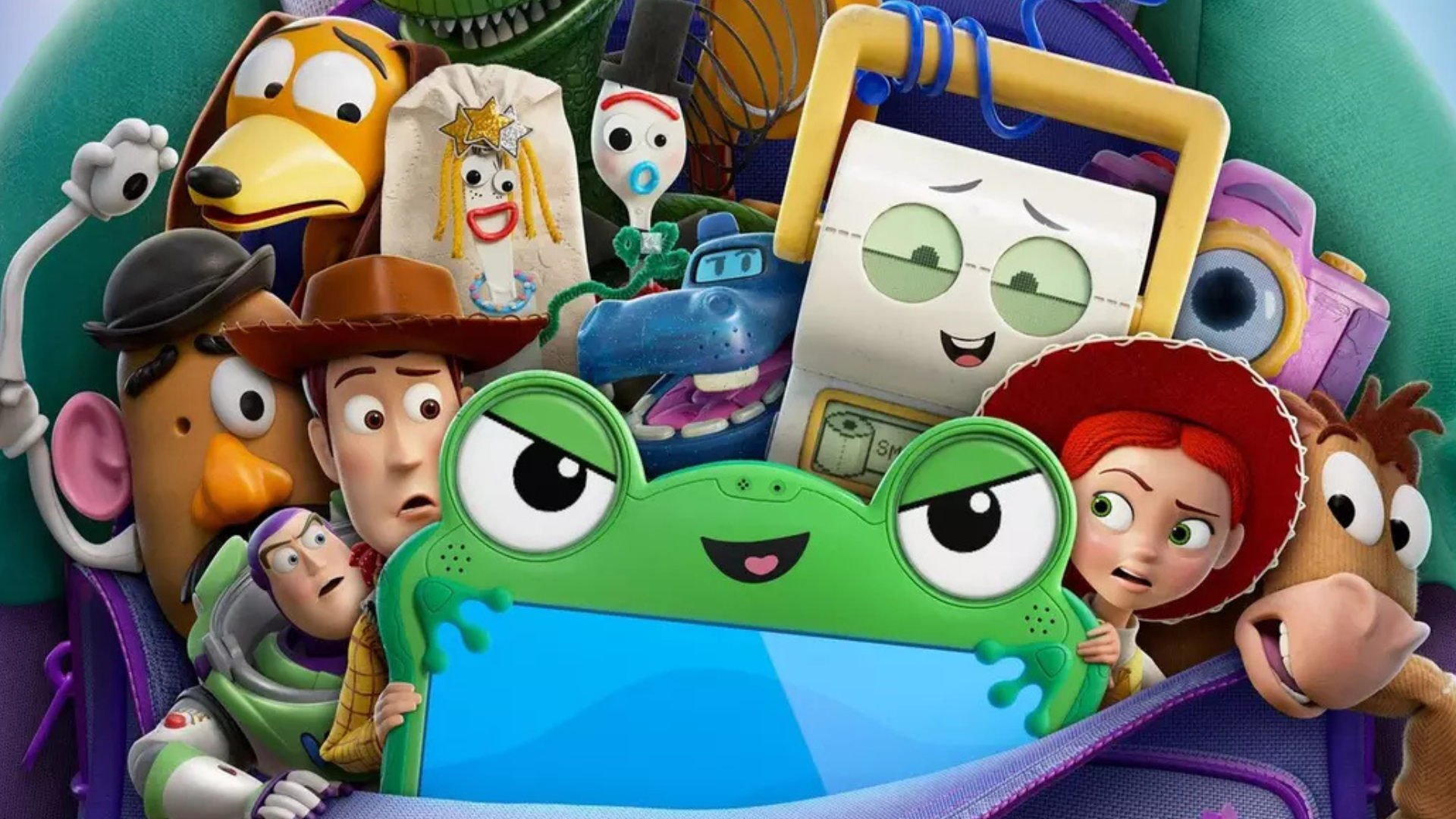 Woody, Buzz, Jessie e outros brinquedos reunidos em Toy Story