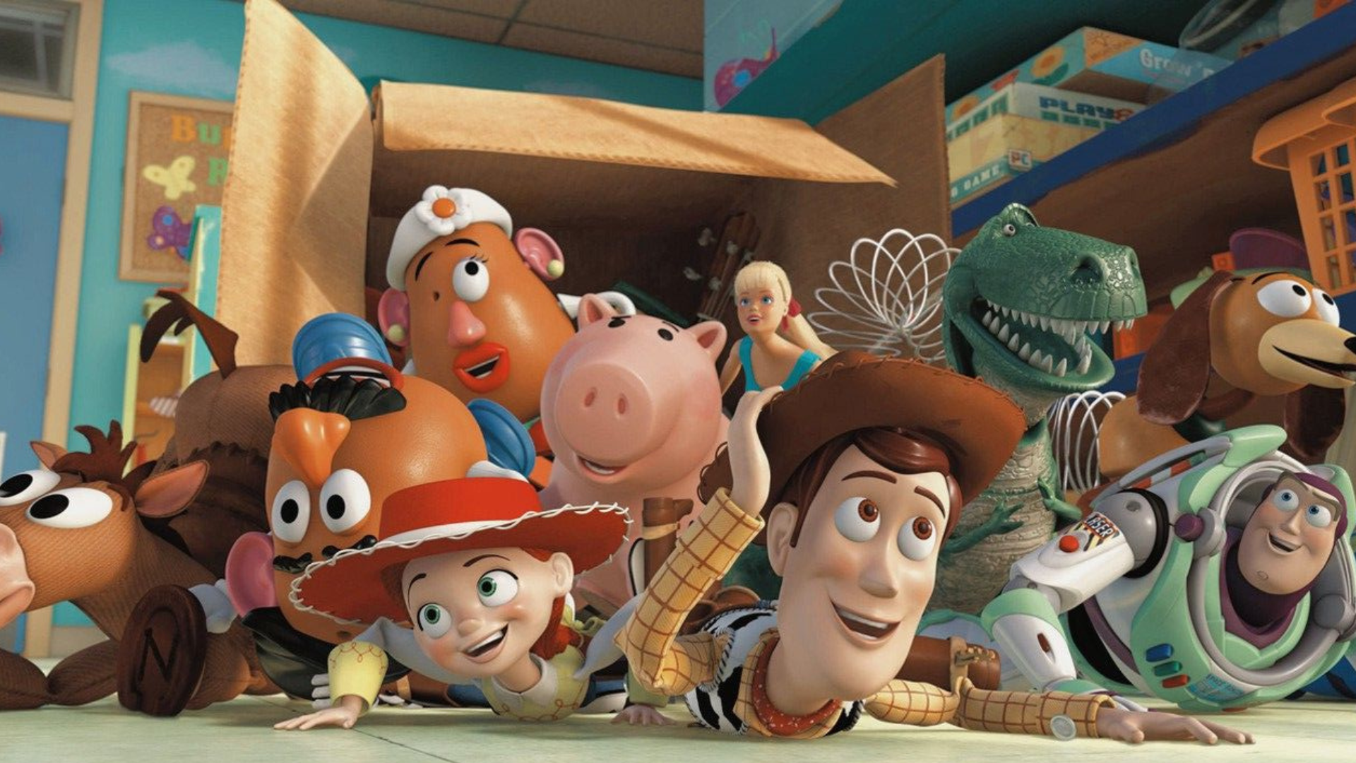 Woody, Buzz, Jessie e outros brinquedos reunidos em Toy Story